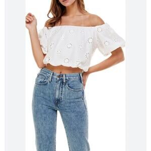 WAYF Brooke Eyelet Off Shoulder Puff Sleeve Crop Top Ivory Women's Size S NWOT